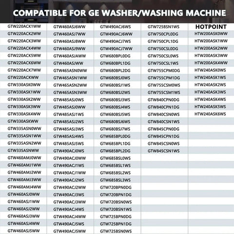 Compatible models for No Sweat GE Top Load Washer Lid Lock Switch WH01X27954 replacement part chart.