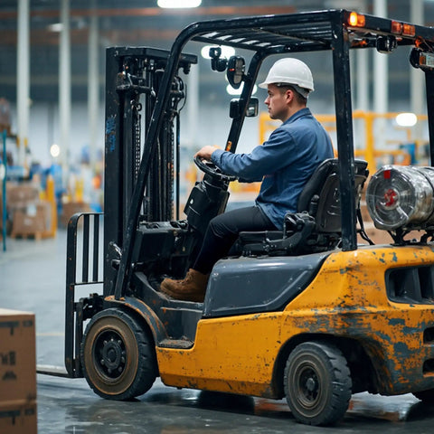 Worker operating a forklift wearing Men's Waterproof Steel Toe Work Boots With Slip Resistant Outsole For Industrial Jobs, size 9, color Coyote