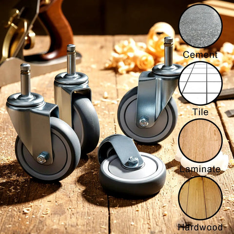 Heavy Duty Four Inch Swivel Caster Wheels With Non Marking Rubber Tires And 7/16 Inch Threaded Stems on wooden surface.