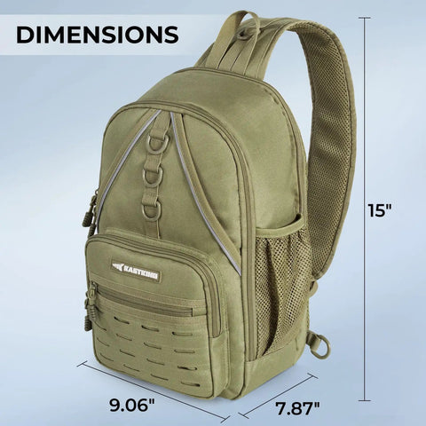 Karryall Sling Tackle Bag For Fishing, Lightweight Sling Pack With Rod Holder, MOLLE System, dimensions shown on pastel backdrop