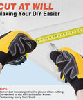 Hands wearing gloves measuring and cutting heavy duty ceramic fiber insulation blanket for wood stove fireplace 60x24 inch.