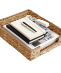 Water Hyacinth Letter Tray Desk Organizer, Rustic Wicker Mail Sorter with sturdy metal frame holding stationery and papers