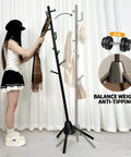 Heavy Duty Anti-Tip Coat Rack With 8 lb Stable Base And 80 lb Load Tested Metal Standing Tree Featuring Eight Hooks And 3 Height Adjustable Levels For Space-Saving Organization In Entryway Bedroom Or Office