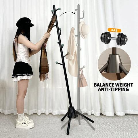 Heavy Duty Anti-Tip Coat Rack With 8 lb Stable Base And 80 lb Load Tested Metal Standing Tree Featuring Eight Hooks And 3 Height Adjustable Levels For Space-Saving Organization In Entryway Bedroom Or Office