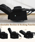 360 Degree Rotating Recliner With Massage And Heat Built In Cup Holder Manual Tilt Plush Fabric Black in reclining position