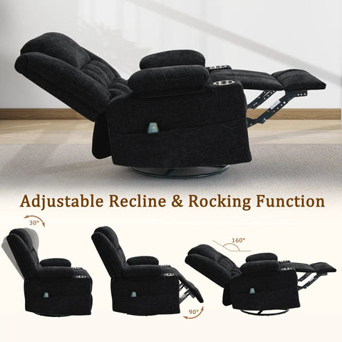 360 Degree Rotating Recliner With Massage And Heat Built In Cup Holder Manual Tilt Plush Fabric Black in reclining position