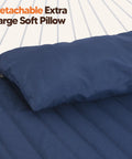 Close-up of dark blue double hammock with detachable pillow, part of Double Outdoor Hammock With Twelve Foot Stand And Solar Powered Lights Portable Two Person Hammock With Stand In Dark Blue For Backyard Patio Camping And Relaxation.