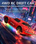 1:24 RC Drift Car 4WD With 2.4GHz Radio, 15 KMH Speed, LED Lights in vibrant drift on colorful background.