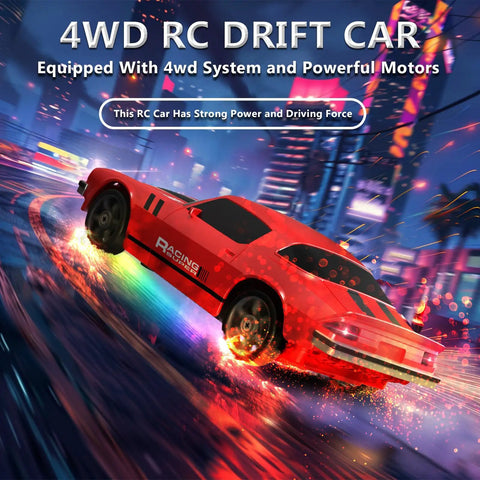 1:24 RC Drift Car 4WD With 2.4GHz Radio, 15 KMH Speed, LED Lights in vibrant drift on colorful background.