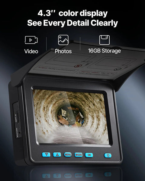 Sewer Camera Probe Kit With 164 Ft Cable, 4.3 Inch Color Screen, IP68 Waterproof Drain Inspection Tool With 6 Adjustable LEDs, Long Battery Life, SD Card Included, Dope For Pipes, Ducts, And Sewer Lines. 4.3-inch monitor showing sewer pipe view