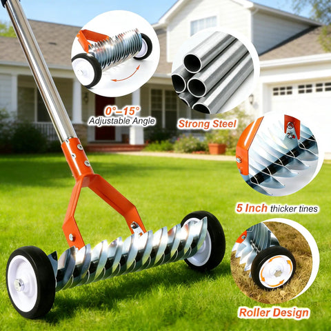 Wheel Equipped Adjustable Thatch Rake With No Backache Dethatching On Lawns, adjustable angling, dual-sided steel tines