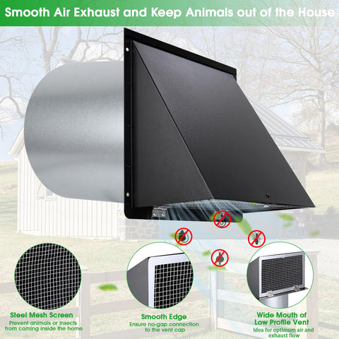 12 Inch Wall Vent Hood Exhaust Cap For Dryer Vent Cover With Screen And Damper shown with galvanized steel construction