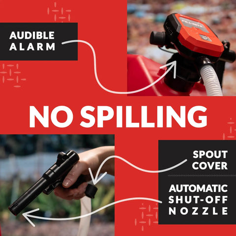 Fast 3.8 GPM Battery Powered Fuel Transfer Pump With Auto Stop Nozzle showing spout cover and automatic shut-off feature.