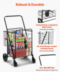 Folding Shopping Cart With Heavy Duty Metal Frame, 110 Lb Load Capacity, Anti Scratch And Rust Resistant Powder Coated Finish, Extra Back Basket, Compact Yet Rugged Grocery Cart For Home, Errands And On The Go loaded with groceries