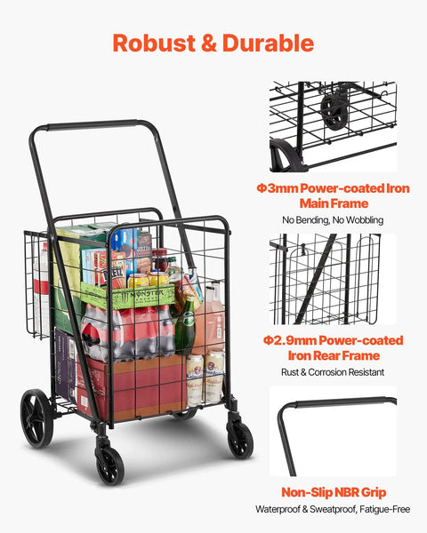 Folding Shopping Cart With Heavy Duty Metal Frame, 110 Lb Load Capacity, Anti Scratch And Rust Resistant Powder Coated Finish, Extra Back Basket, Compact Yet Rugged Grocery Cart For Home, Errands And On The Go loaded with groceries