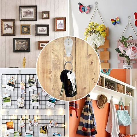Heavy Duty Picture Hooks For Concrete Walls Zero Drilling Hassle 30 Pack holding framed art and keys on various surfaces.