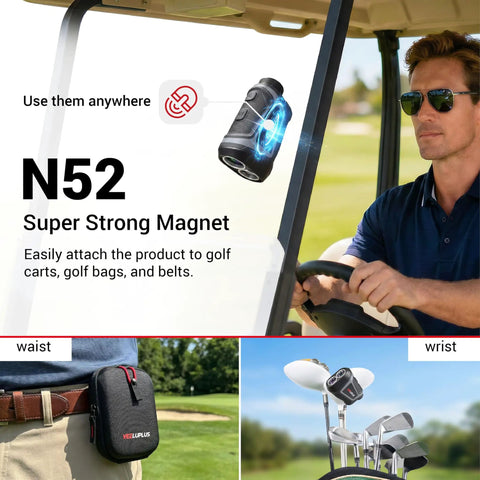 Golf Rangefinder With Slope And Magnetic Mount Pro Grade Distance Meter For Golfers IP54 Durable Build Anti Shake Ergonomic Design Rechargeable Battery attached to golf cart