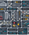 42 Pack Three Size Tool Box Organizer Trays Set With Interlocking Dividers holding tools, screws, and hardware in garage drawers.