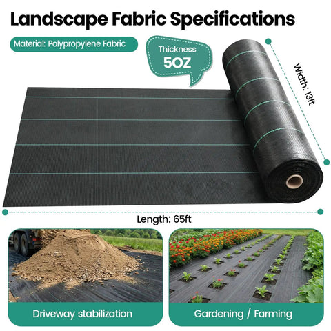 Heavy Duty Weed Barrier Landscape Fabric 13x65 Ft 5 Oz Geotextile Under Gravel Weed Blocker for gardens and driveways use