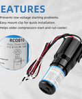 RCO810 Refrigerator 3 In 1 Solid State Hard Start Relay Kit with Overload and Start Capacitor 120V shown with features highlighted