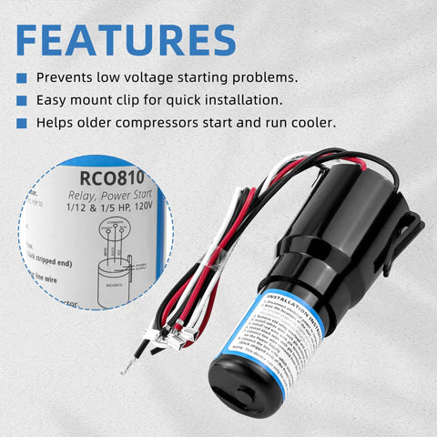 RCO810 Refrigerator 3 In 1 Solid State Hard Start Relay Kit with Overload and Start Capacitor 120V shown with features highlighted