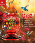 Vibrant Hummingbird Feeder For Outdoors With 25 Ounce Nectar Jar Five Flower Ports Perch Leak Proof Hanging Garden Backyard Decor And Sweet Gift For Women Moms Phoenix Red in a garden setting with hummingbirds.