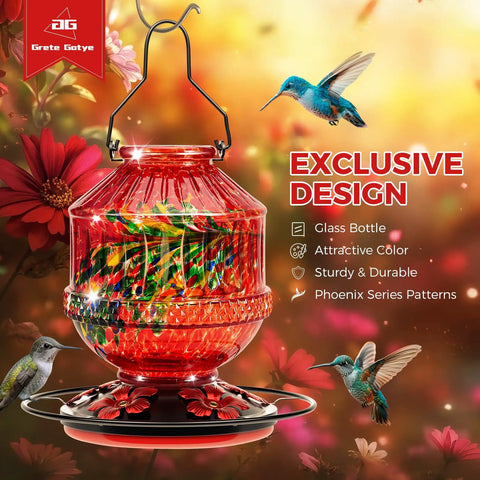 Vibrant Hummingbird Feeder For Outdoors With 25 Ounce Nectar Jar Five Flower Ports Perch Leak Proof Hanging Garden Backyard Decor And Sweet Gift For Women Moms Phoenix Red in a garden setting with hummingbirds.