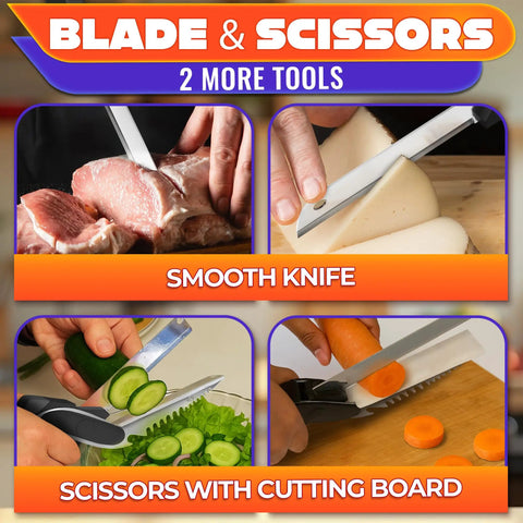 Six In One Kitchen Scissors With Built In Knife Blade Mini Cutting Board Opener Tenderizer And Lock Dishwasher Safe Spring Assist, cutting meat and vegetables
