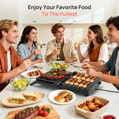 Svuineek 14 Inch Electric Indoor Grill With Panini Press Functionality 1600W Power preparing steaks and veggies at a dinner party.