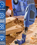 Pocket Hole Jig Kit With Adjustable Punch Locator And 15 Degree Drill Guide for DIY woodworking shown in use with drill