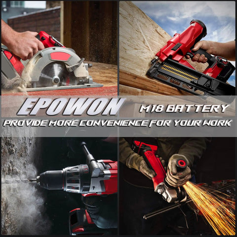 Heavy Duty 5000MAh Replacement Battery For Milwaukee M18 18V Cordless Power Tools Two Pack in use with various power tools.