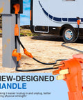Backyard To Boondocks 50 To 50 Amp Rv Y Splitter Adapter Cord with new handle for easy plug and unplug, designed for campers.