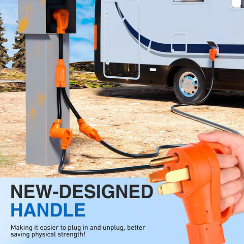 Backyard To Boondocks 50 To 50 Amp Rv Y Splitter Adapter Cord with new handle for easy plug and unplug, designed for campers.