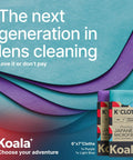 Front view: Koala lens cleaning cloths, Japanese microfiber, pack of 2 in blue and purple for glasses, cameras, and screens