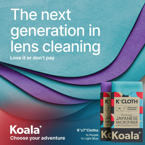 Front view: Koala lens cleaning cloths, Japanese microfiber, pack of 2 in blue and purple for glasses, cameras, and screens