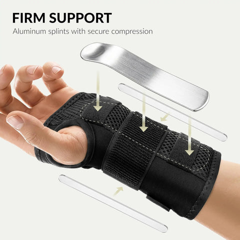Carpal Tunnel Wrist Brace For Women And Men With Metal Wrist Splint For Hand Support And Pain Relief From Arthritis Tendonitis And Sprains Ideal For Typing And Gaming Right Hand Available In Small Medium And Large Extra Large showing design and fit with metal splint.