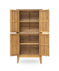 Open view of Outdoor Acacia Wood Storage Cabinet with two doors and four shelves, 61-inch tall, teak look, weather resistant