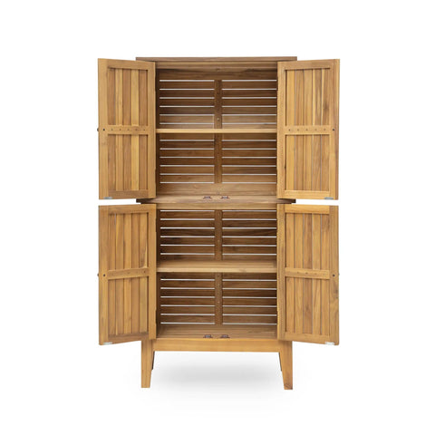 Open view of Outdoor Acacia Wood Storage Cabinet with two doors and four shelves, 61-inch tall, teak look, weather resistant