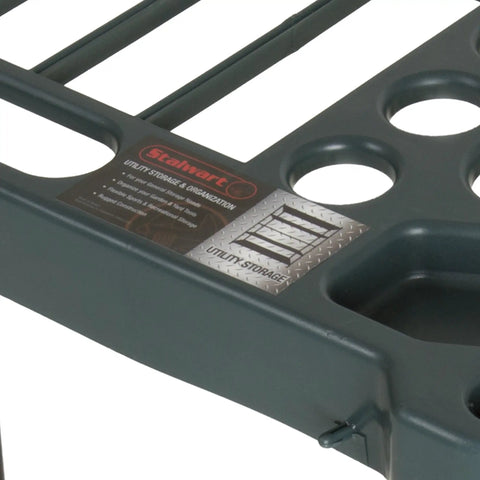 Close-up of Garden Tool Organizer 23 Inch Utility Rack That Holds Up To 30 Yard Tools with diverse slots, green plastic.