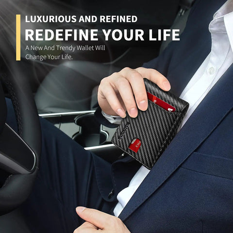 Man holding Ultra Slim Leather RFID Blocking Bifold Wallet For Men With 11 Card Slots Front Pocket Minimalist Vibe in car.