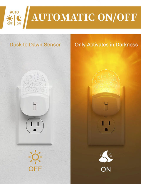 Cozy Amber Warm Night Light Two Pack Plug In Wall LED Night Lights With Dusk To Dawn Sensor showing automatic on and off function.