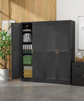 Interior view of Beefy Black Metal Pantry Cabinet With Doors And Four Adjustable Shelves Tall Storage Cabinet With Two Gold Handles