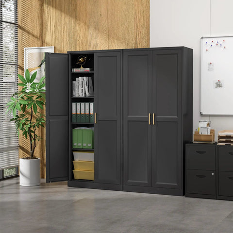 Interior view of Beefy Black Metal Pantry Cabinet With Doors And Four Adjustable Shelves Tall Storage Cabinet With Two Gold Handles