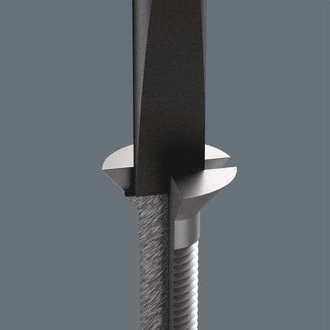 Close-up of Kraftform Micro 2035 Slotted Electronics Precision Screwdriver with 2.5mm tip engaging a screw head