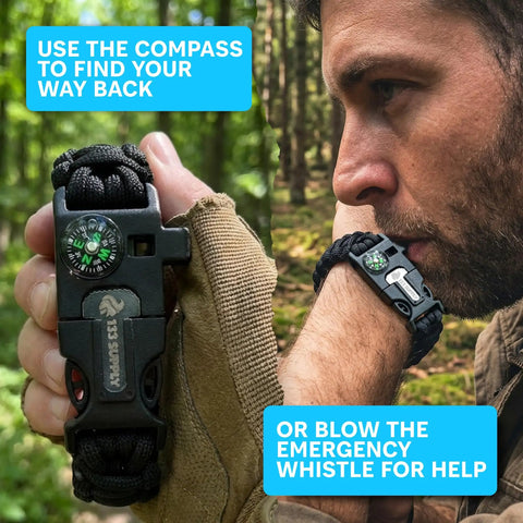Survival Paracord Bracelet With Built In Compass And Fire Starter Kit for hiking, shown on wrist with compass visible.