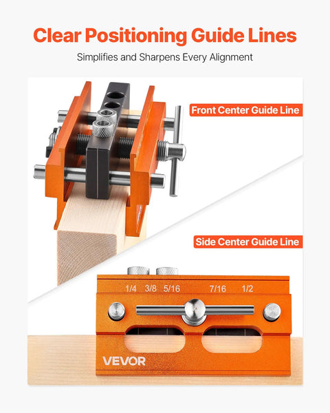 Knockout Self Centering Dowel Drill Jig Kit For Woodworking With Adjustable Width Clamps and Precision Guide Bushings Crafted From Heavy Duty Aluminum showing clear positioning guide lines.