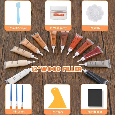 DIY Wood Repair Kit for Scratches and Cracks on Hardwood, Laminate, Vinyl Floors and Furniture, 12 color fillers, wood putty, tools