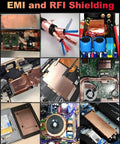 Conductive copper foil tape, 1/2 in x 50 ft, EMI/RFI shielding tape for electronics; copper sheets and components shown.