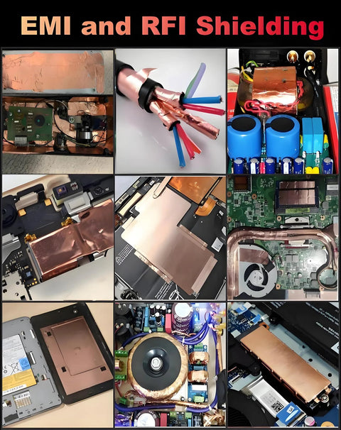 Conductive copper foil tape, 1/2 in x 50 ft, EMI/RFI shielding tape for electronics; copper sheets and components shown.