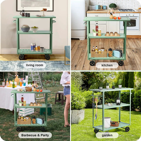 Flat Out Sturdy Three Tier Rolling Kitchen Cart Slick Green Metal Server in living room, kitchen, barbecue, and garden settings.